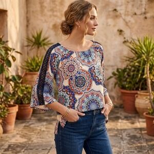 SJS Women Top Blouse Mandala Print Boho 3/4 Bell Sleeve Crochet Grommet Trim S